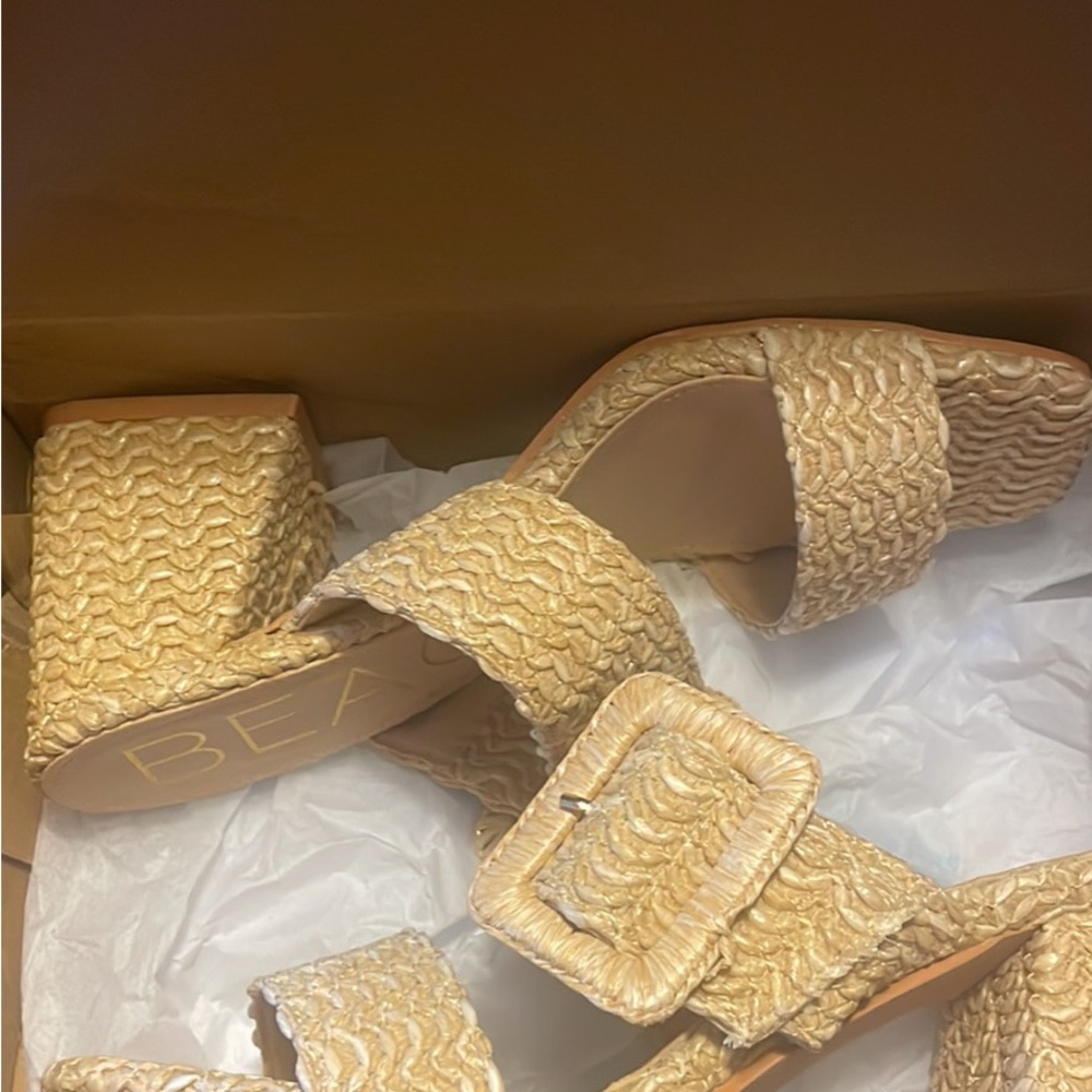 Tan Woven Mules with Basket-Weave Design